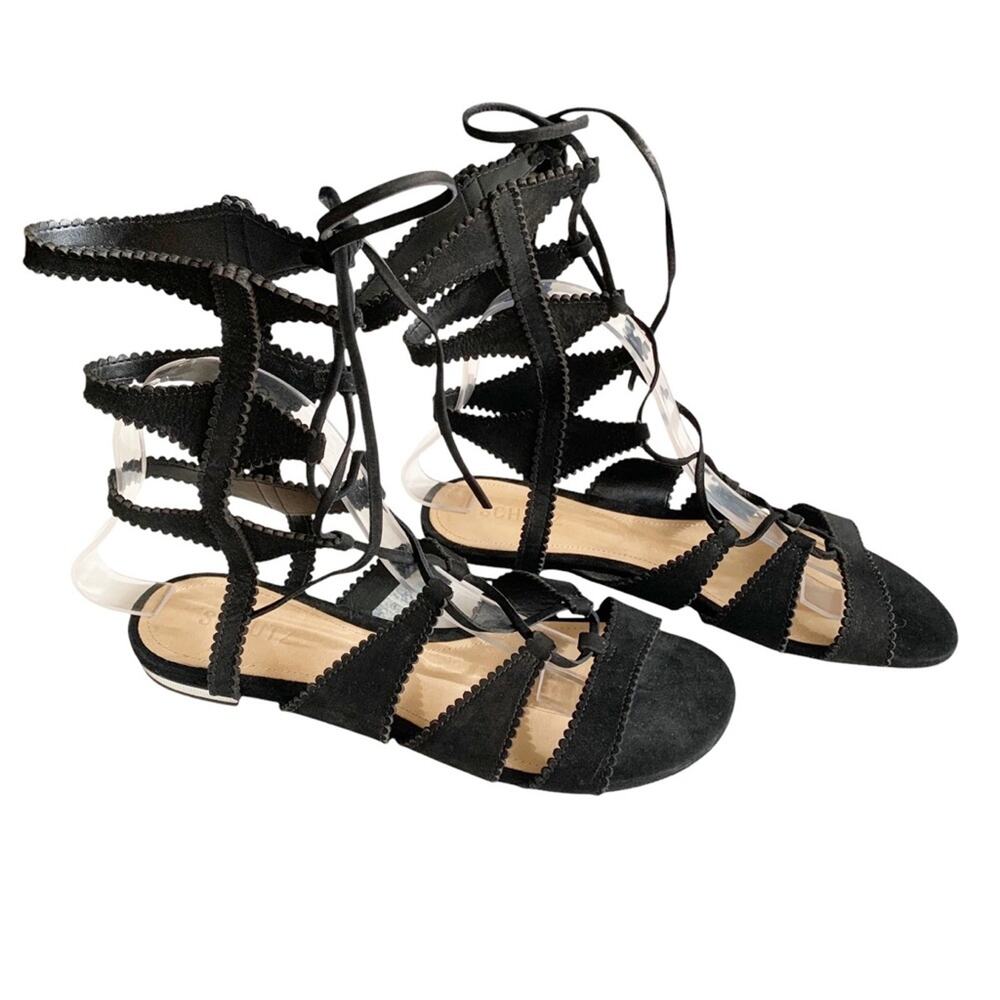 Schutz Ink Black Erlina Soft Sueded Leather Lace Up Gladiator Flat Sandals 8.5 - Picture 3 of 9